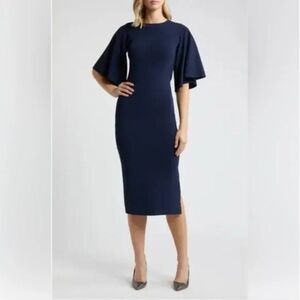 Ted Baker Size 1 US 4 Lounia Fluted Sleeve Knit Sheath Dress Navy Blue